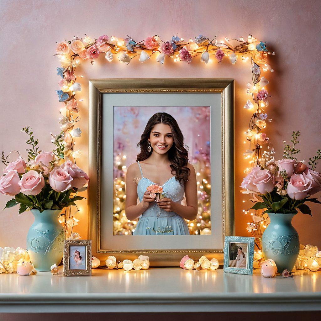 A beautifully arranged display of heartfelt gifts, featuring personalized items like engraved jewelry, custom photo frames, and unique handcrafted creations, all set against a warm, inviting backdrop of soft pastels. Include delicate flowers and twinkling fairy lights to enhance the special occasion feel. The scene should evoke feelings of love and thoughtfulness. super-realistic. pastel colors. soft lighting.