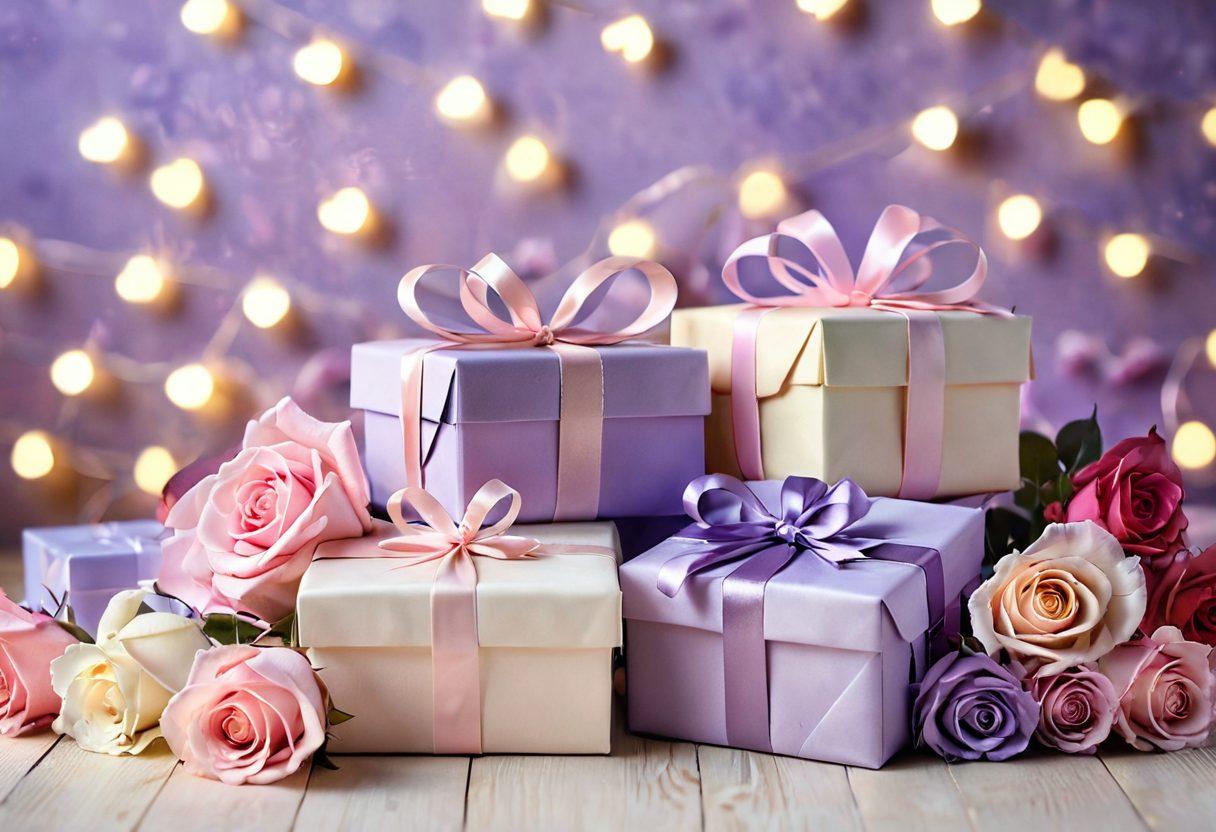 An enchanting display of beautifully wrapped gifts in various shapes and colors, all exuding romantic elements like hearts, roses, and soft lighting. The background features a cozy, dreamy atmosphere with gentle bokeh effects, symbolizing love and connection. Soft pastel tones of pink, lavender, and cream enhance the romantic vibe. super-realistic. vibrant colors. soft lighting.