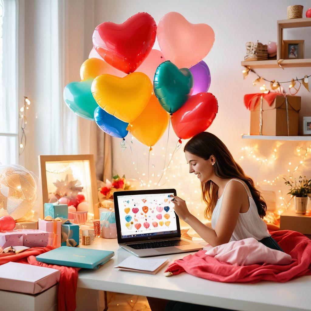 A whimsical online shopping scene filled with beautifully wrapped personalized gifts, surrounded by colorful heart-shaped balloons and soft glowing fairy lights. A user joyfully browsing on a laptop while diverse gift ideas like handmade crafts, heartfelt cards, and special occasions are scattered around. The atmosphere conveys warmth, love, and excitement for gifting. bright and cheerful. vibrant colors. modern flat design.